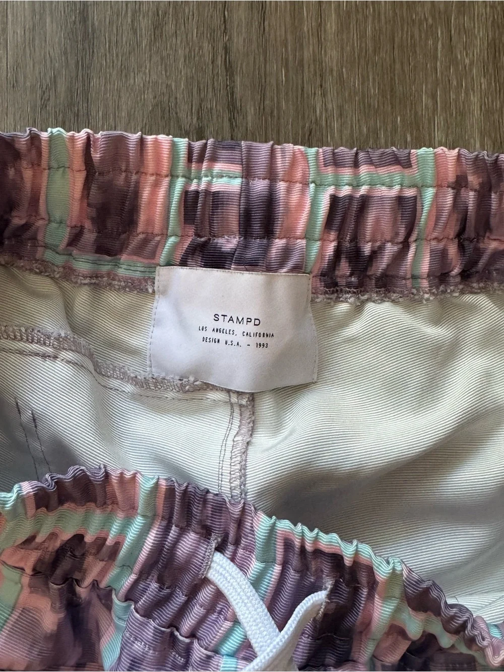 STAMPD Men's Pink/Light Blue Graphic Swim Shorts with Drawstring